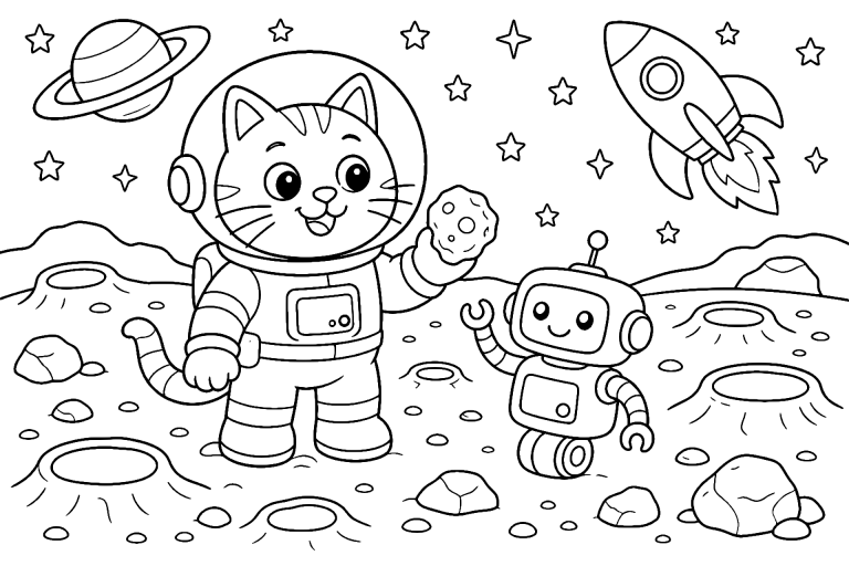 Katze im Raumanzug auf dem Mond – Ausmalbild ab 6 Jahre - Ausmalbild ab 6 Jahren