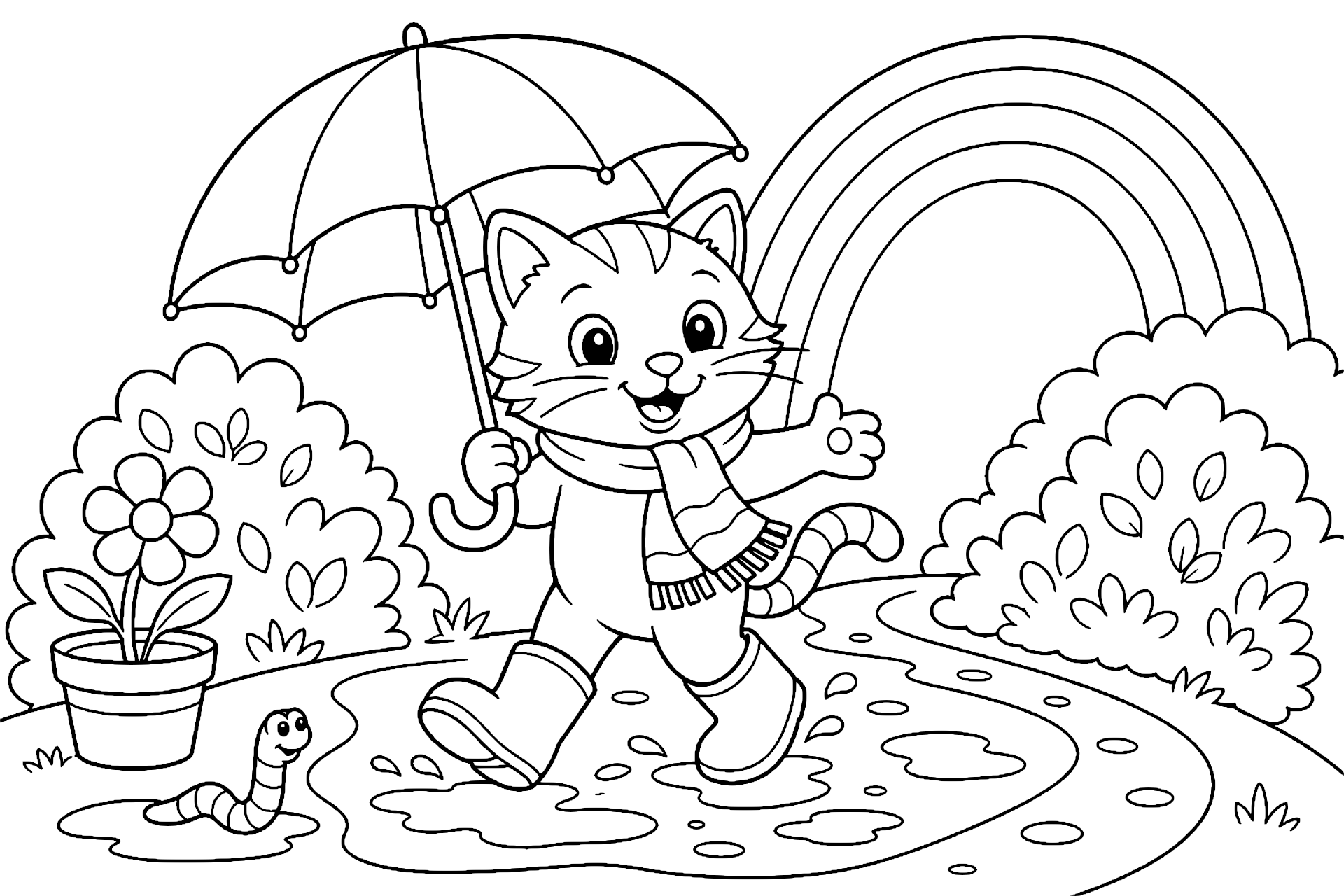 Katze im Regen mit buntem Schirm – Ausmalbild ab 6 Jahre - Ausmalbild ab 6 Jahren