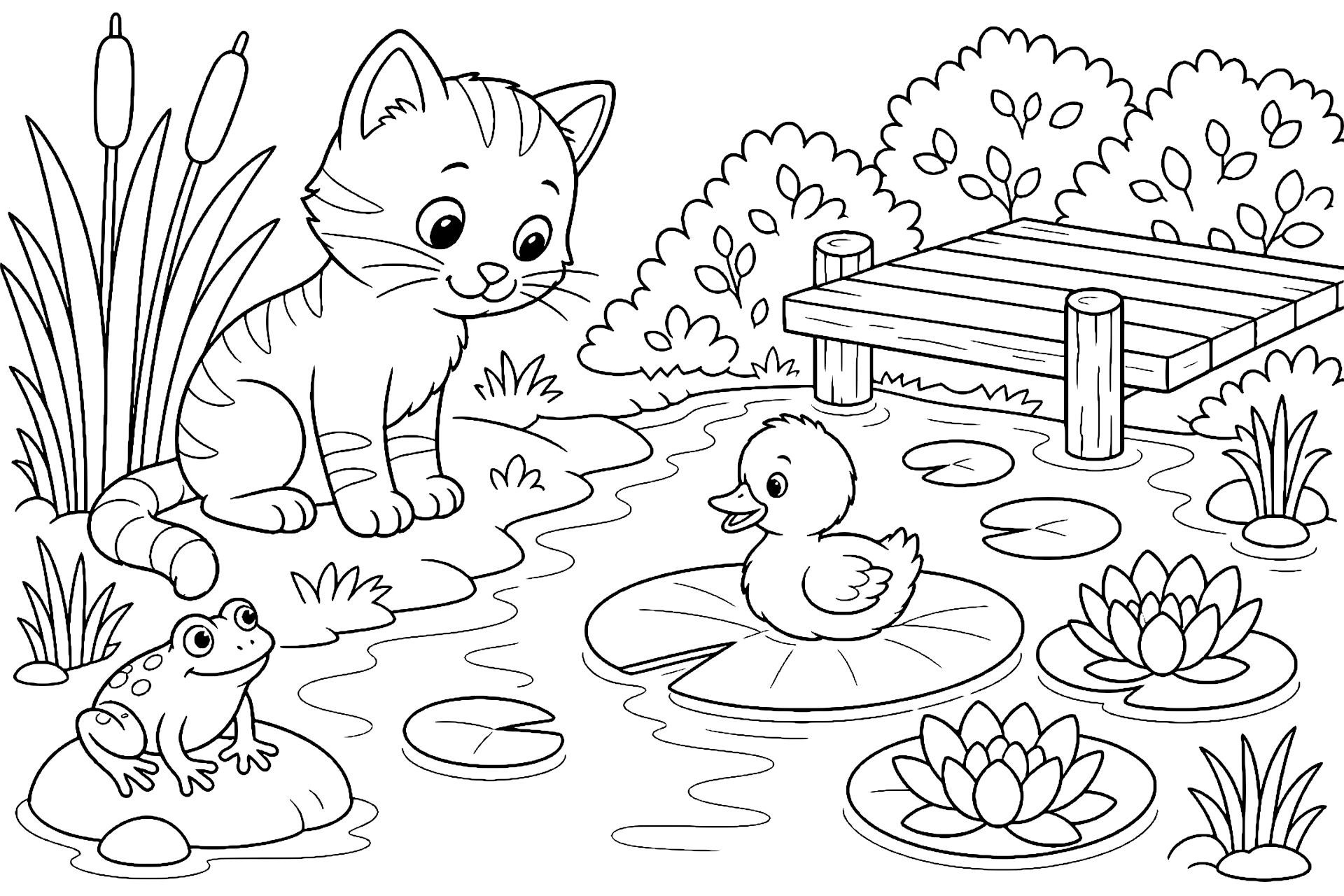 Katze und Entenküken am Teich