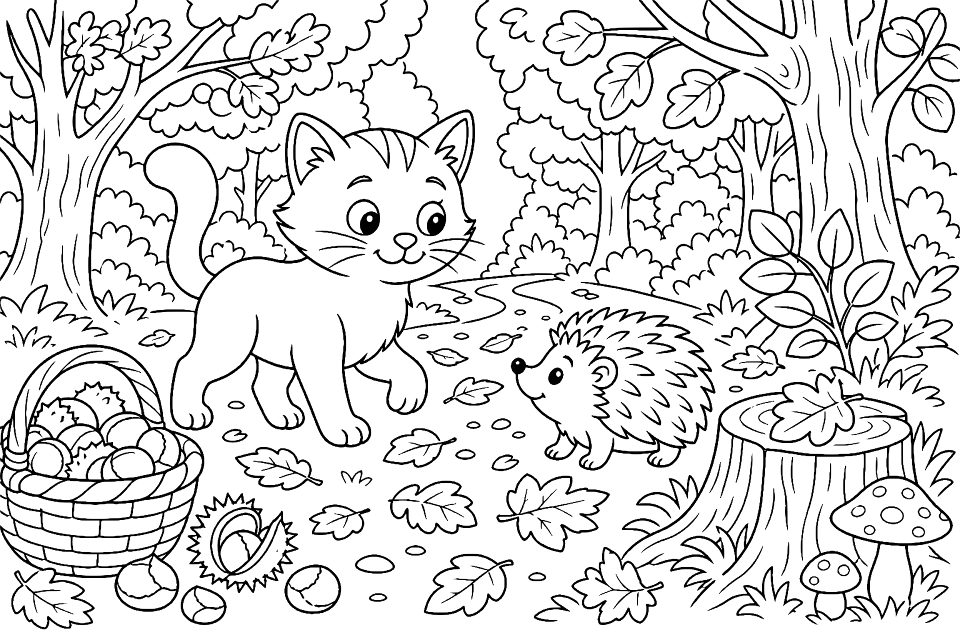 Katze und Igel im Herbstwald – Ausmalbild ab 6 Jahre - Ausmalbild ab 6 Jahren