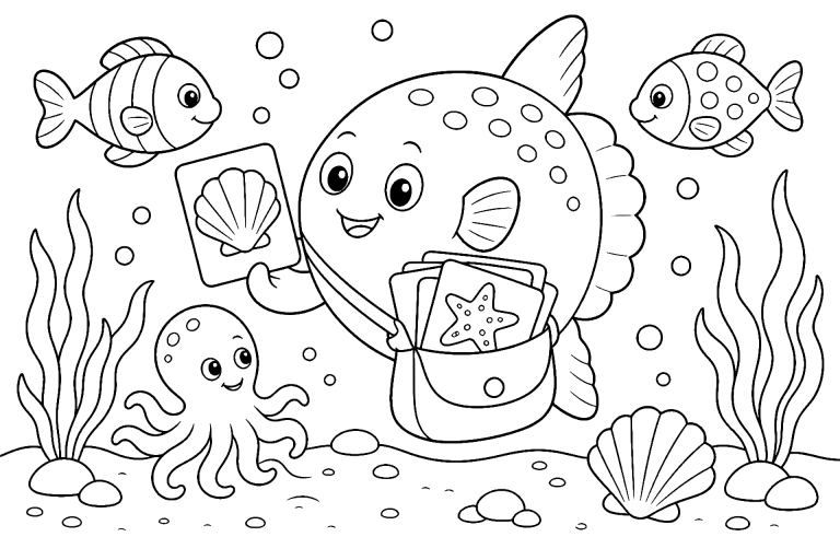 Meerestiere Ausmalbild ab 6 Jahre - Mondfisch mit Sternenpost - Ausmalbild ab 6 Jahren