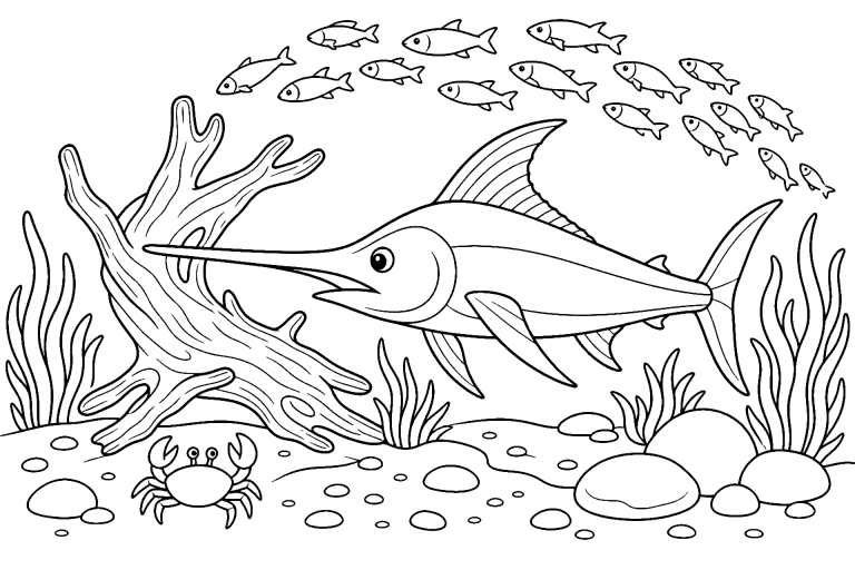 Meerestiere Ausmalbild ab 6 Jahre - Schwertfisch räumt den Weg frei - Ausmalbild ab 6 Jahren