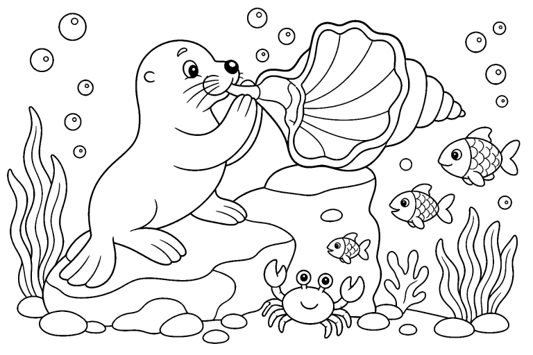 Meerestiere Ausmalbild ab 6 Jahre - Seelöwe mit Muschelkonzert - Ausmalbild ab 6 Jahren