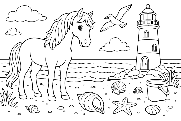 Pferd am Leuchtturm und die verlorene Muschel - Ausmalbild ab 6 Jahren
