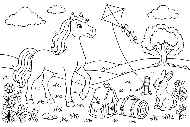 Pferd auf der Hügelweide mit einem Drachen im Wind - Ausmalbild ab 6 Jahren