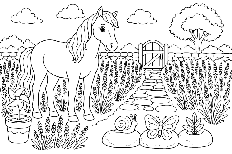 Pferd im Lavendelfeld mit einem kleinen Windrad - Ausmalbild ab 6 Jahren