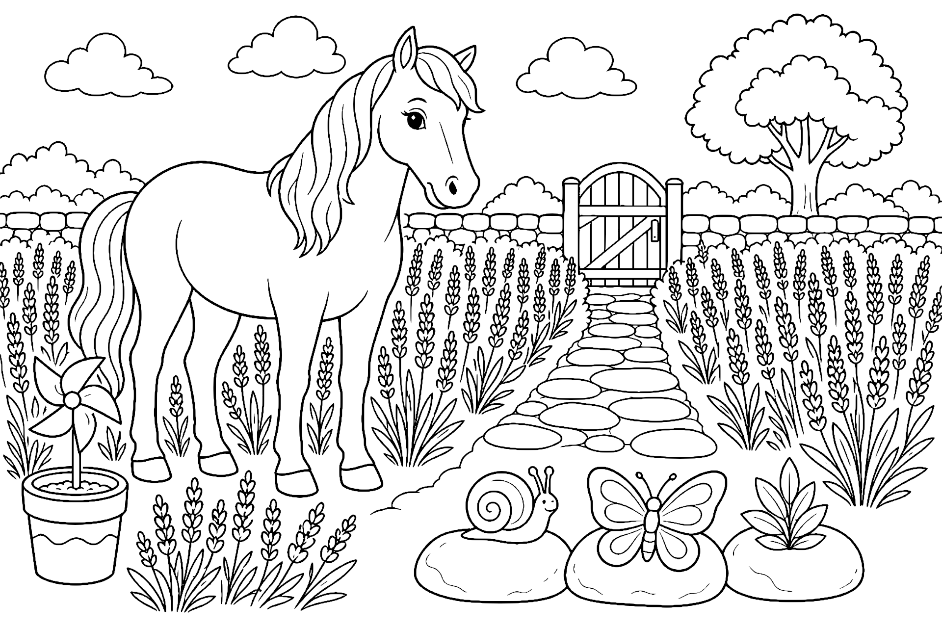 Pferd im Lavendelfeld mit einem kleinen Windrad - Ausmalbild ab 6 Jahren