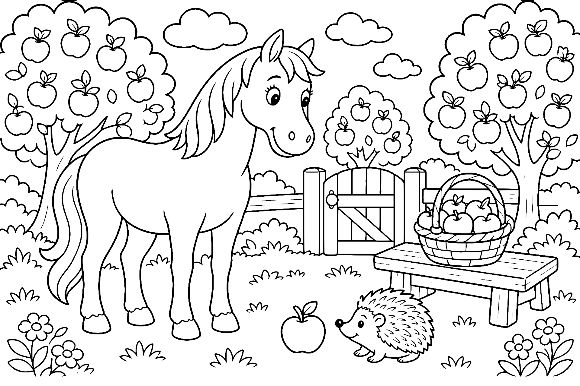 Pferd in der Apfelplantage mit einem neugierigen Igel - Ausmalbild ab 6 Jahren