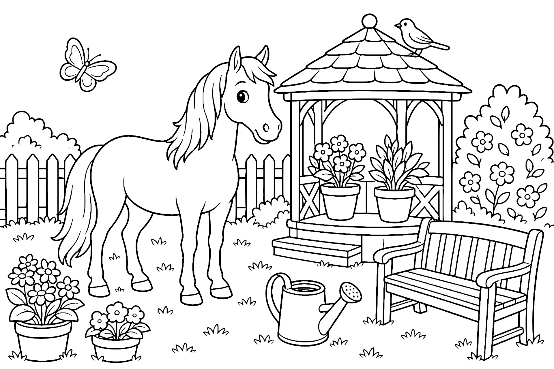 Pferd vor dem Gartenpavillon mit einer singenden Amsel - Ausmalbild ab 6 Jahren
