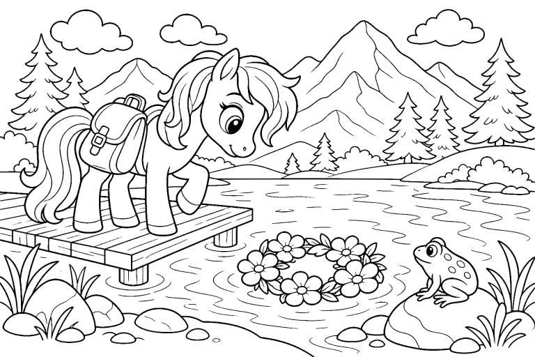 Pony am Bergsee mit einer schwimmenden Blütenkrone - Ausmalbild ab 6 Jahren