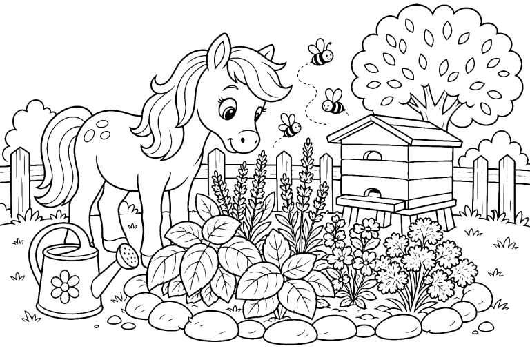 Pony im Kräutergarten mit fliegender Bienenkiste - Ausmalbild ab 6 Jahren