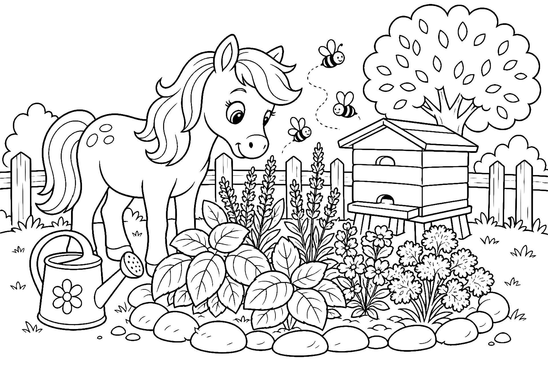 Pony im Kräutergarten mit fliegender Bienenkiste - Ausmalbild ab 6 Jahren
