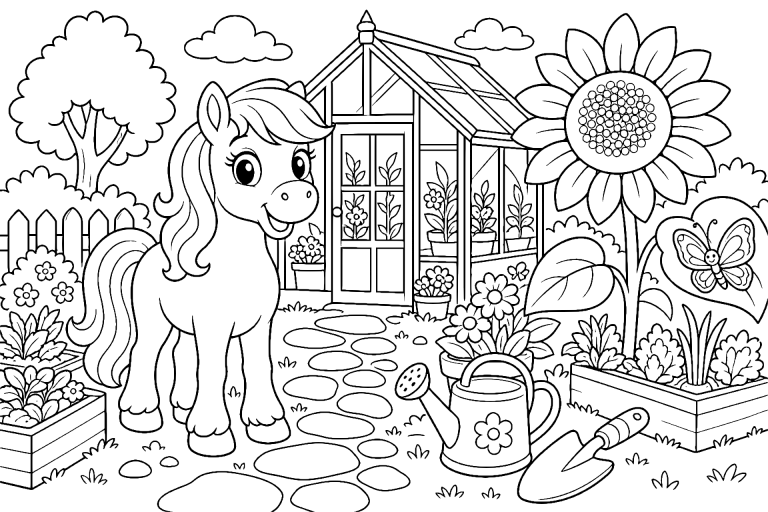 Pony vor dem Gewächshaus mit einer riesigen Sonnenblume - Ausmalbild ab 6 Jahren