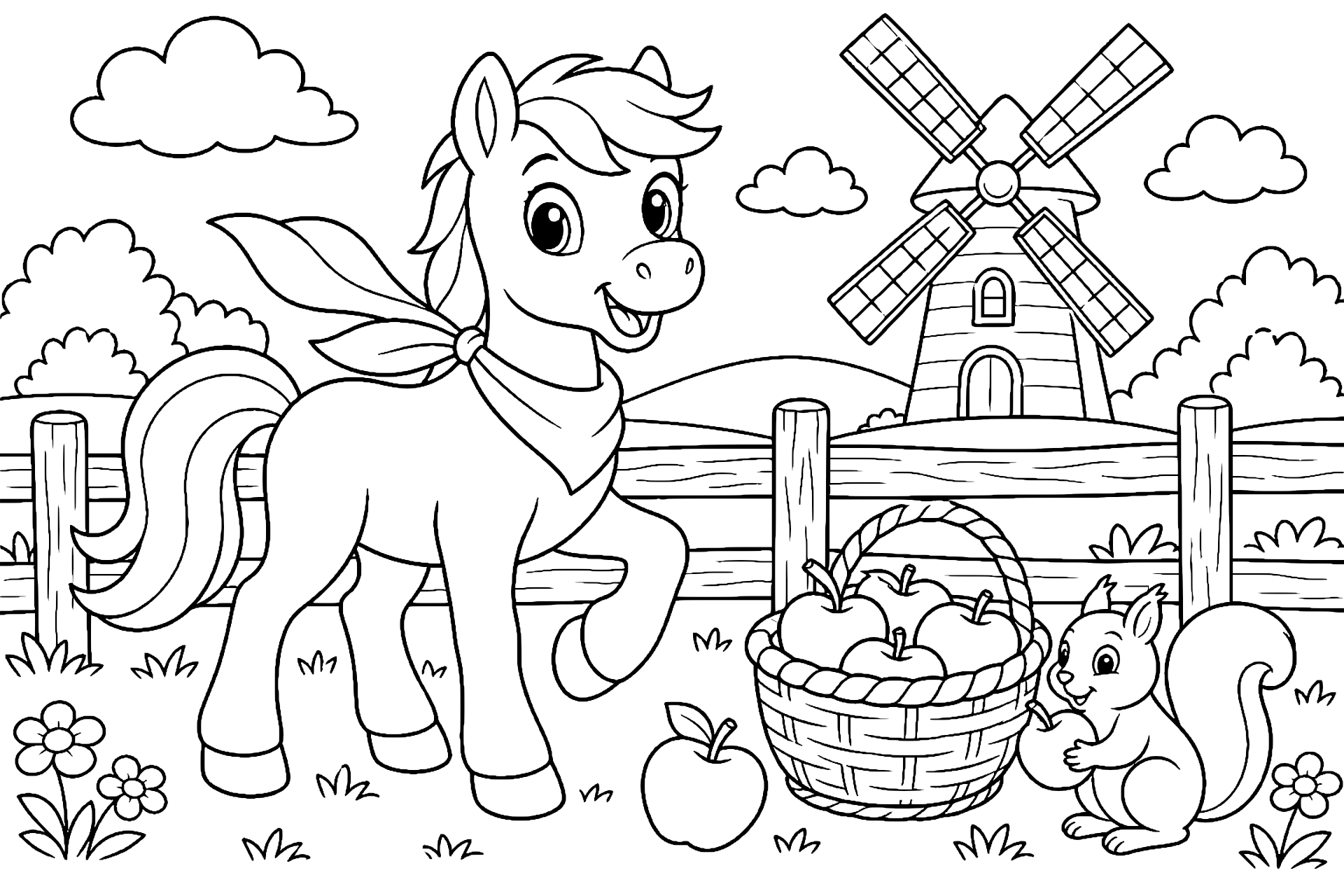 Pony vor der Windmühle mit flatterndem Halstuch - Ausmalbild ab 6 Jahren