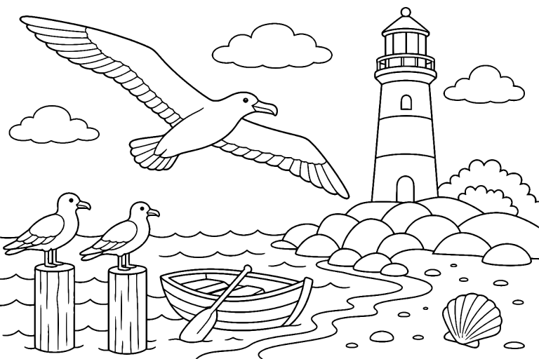 Vögel Ausmalbild ab 6 Jahre - Albatros am Leuchtturm - Ausmalbild ab 6 Jahren