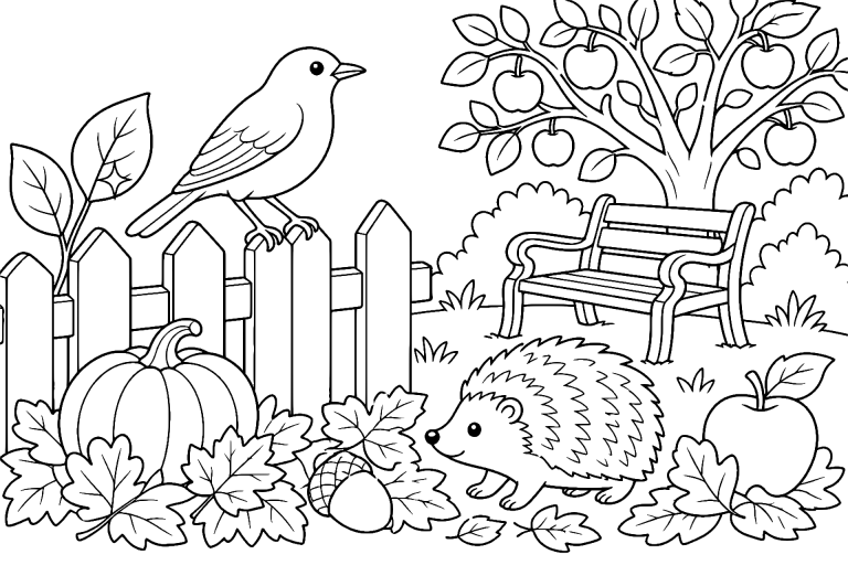 Vögel Ausmalbild ab 6 Jahre - Amsel im Herbstgarten - Ausmalbild ab 6 Jahren