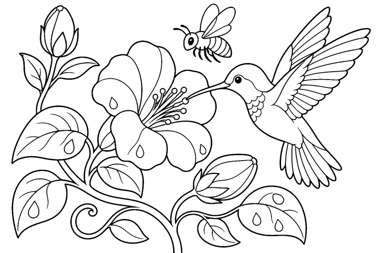Vögel Ausmalbild ab 6 Jahre - Kolibri an der Blütenranke - Ausmalbild ab 6 Jahren