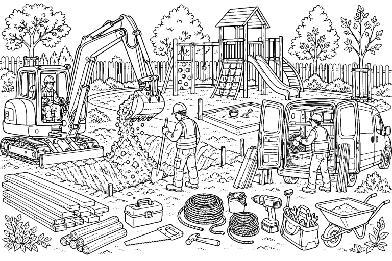 Bagger und Lieferwagen beim Spielplatzbau – Ausmalbild für Kinder ab 8 Jahren - Ausmalbild ab 8 Jahren