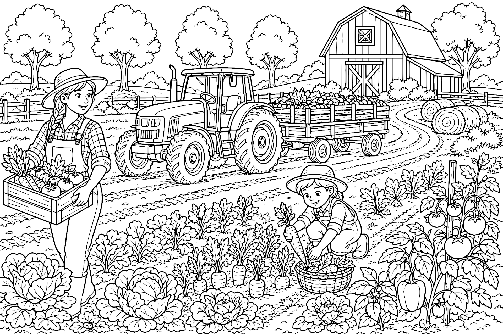 Bauernhof mit Traktor und Anhänger bei der Ernte