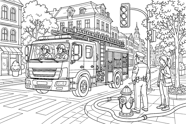 Feuerwehr fährt zum Einsatz durch die Innenstadt – Ausmalbild für Kinder ab 8 Jahren - Ausmalbild ab 8 Jahren