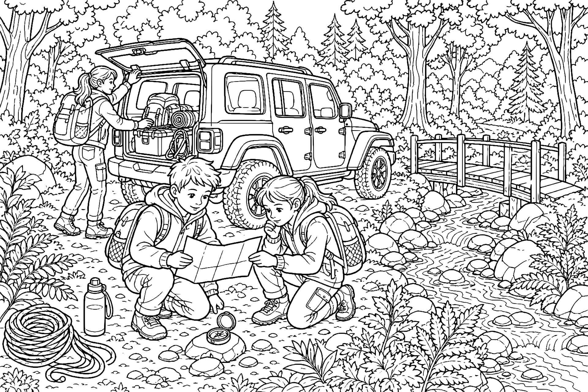Jeep auf der Waldstraße mit Schatzsuche