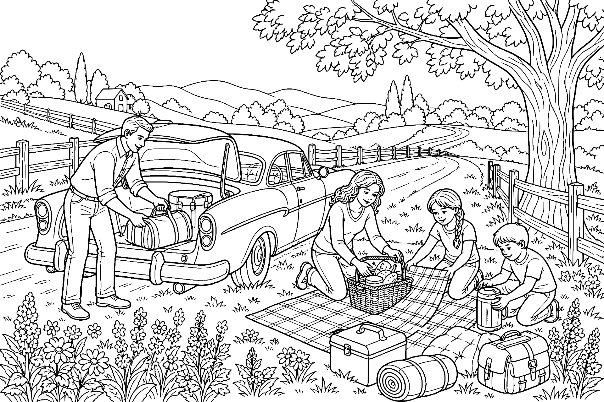 Oldtimer auf einer Landstraße mit Picknickpause