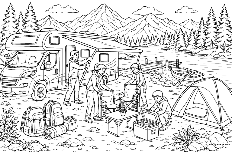Wohnmobil am See mit Campingvorbereitung – Ausmalbild für Kinder ab 8 Jahren - Ausmalbild ab 8 Jahren