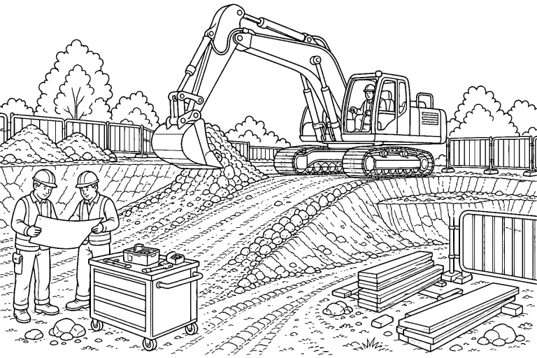 Bagger baut eine sichere Rampe zur Baustelle - Ausmalbild ab 8 Jahren