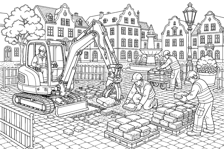 Bagger entfernt alte Pflastersteine vom Marktplatz - Ausmalbild ab 8 Jahren