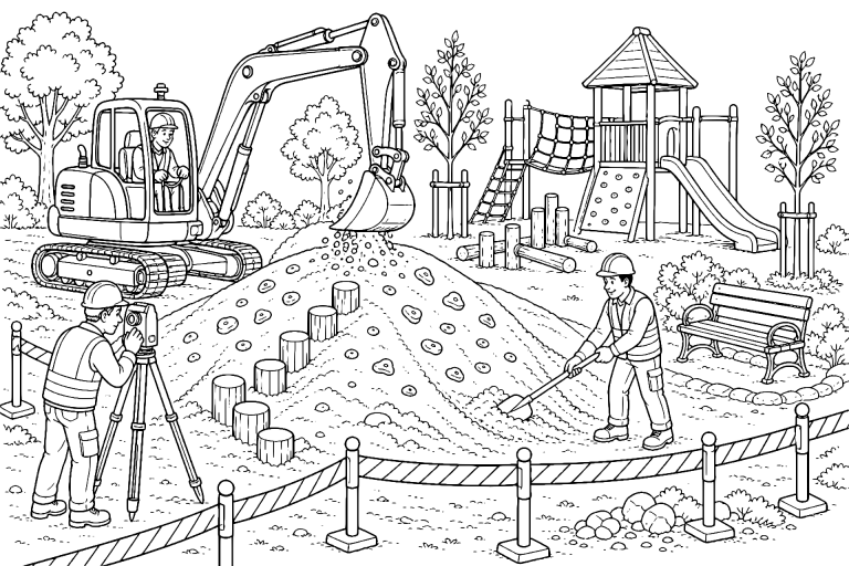 Bagger erweitert einen Spielplatz mit einem Kletterhügel - Ausmalbild ab 8 Jahren