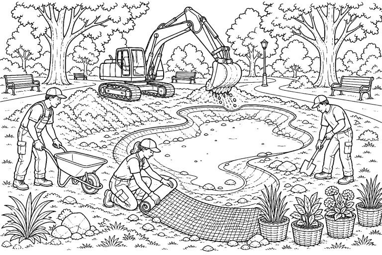 Bagger formt eine naturnahe Teichmulde im Park - Ausmalbild ab 8 Jahren