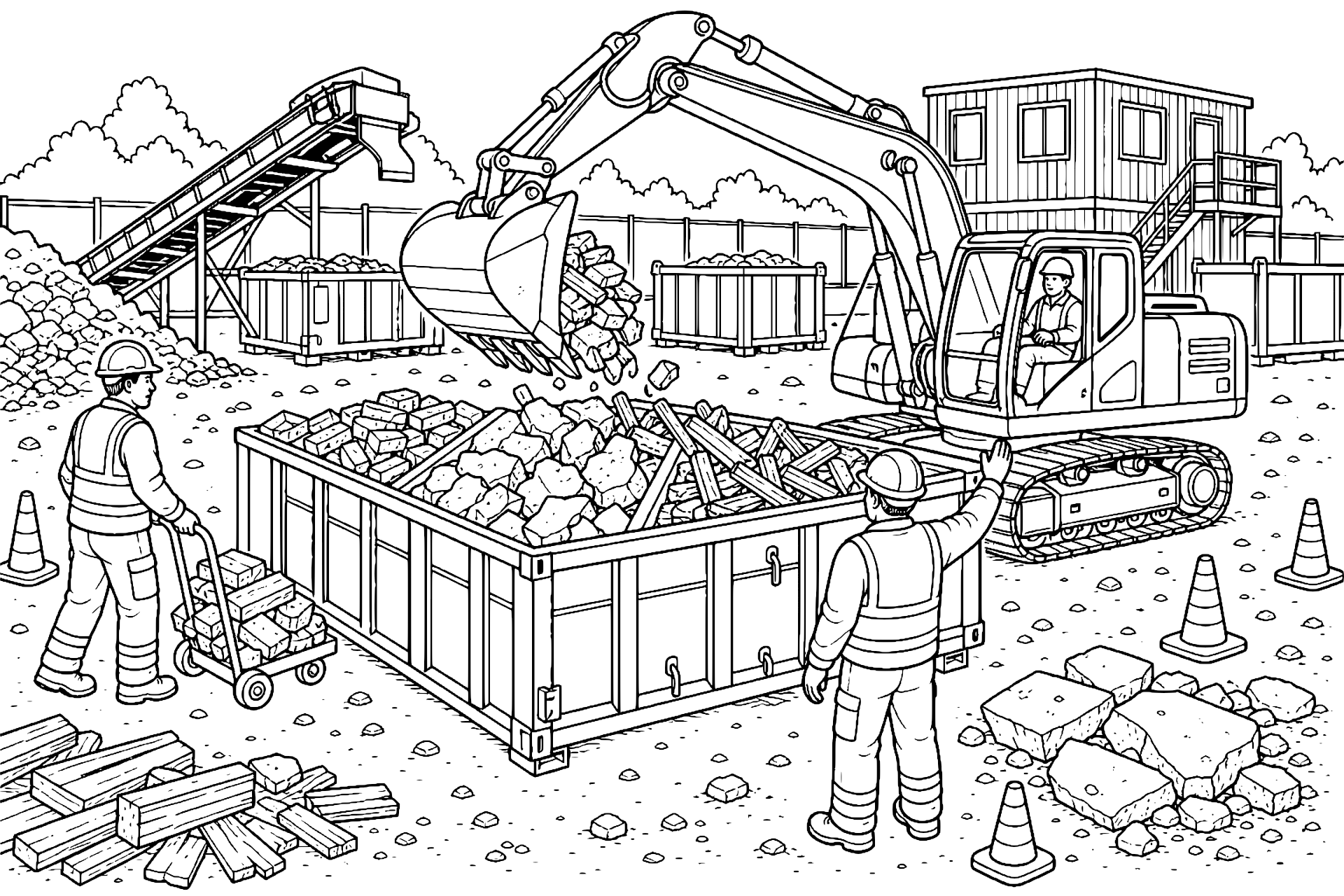Bagger lädt Recyclingmaterial in einen Container