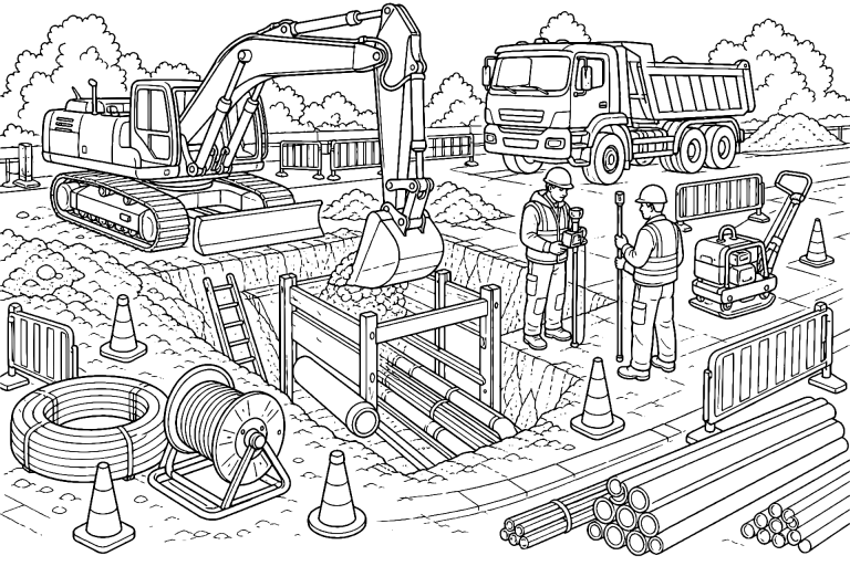 Bagger legt Leitungen unter einer neuen Straße - Ausmalbild ab 8 Jahren