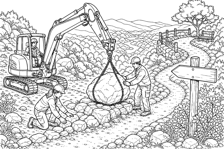 Bagger setzt einen Findling an einem Wanderweg - Ausmalbild ab 8 Jahren