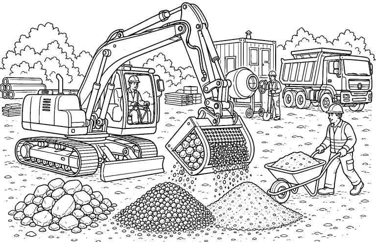 Bagger sortiert Erde und Kies auf einer Baustelle - Ausmalbild ab 8 Jahren