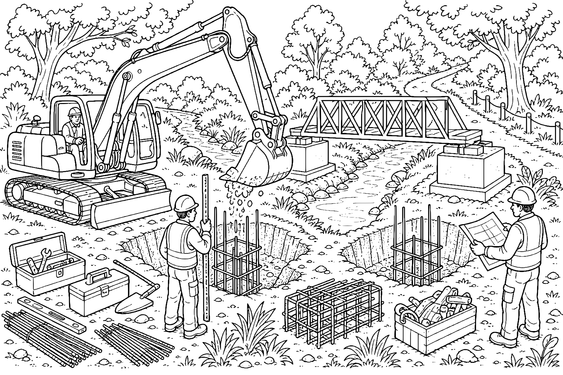 Bagger unterstützt den Bau einer kleinen Brücke