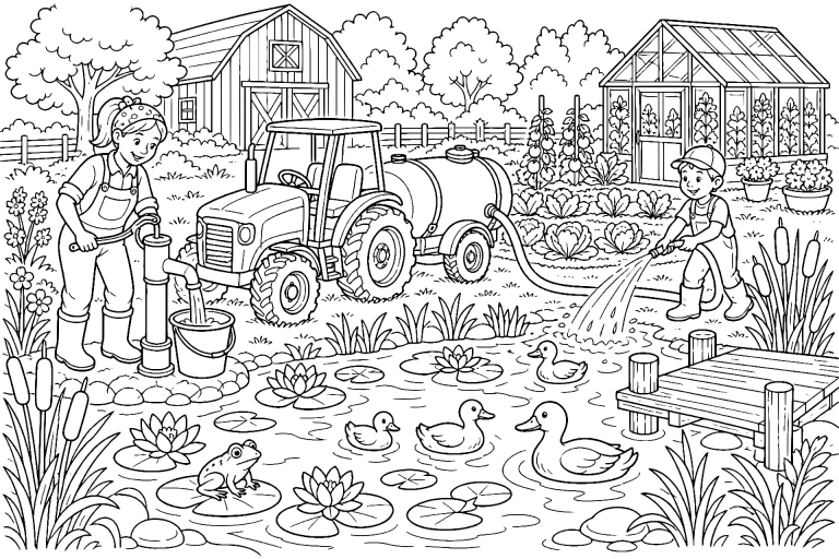 Traktor am Bauernhofteich – Ausmalbild für Kinder ab 8 Jahren - Ausmalbild ab 8 Jahren