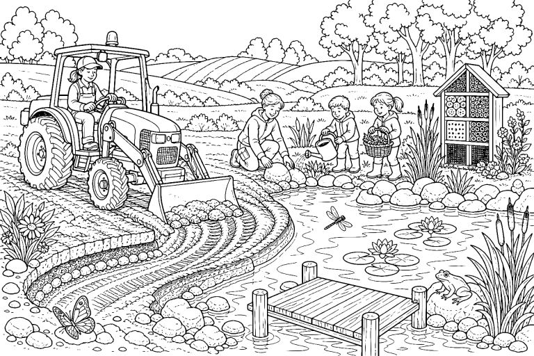 Traktor beim Anlegen eines Teichufers – Ausmalbild für Kinder ab 8 Jahren - Ausmalbild ab 8 Jahren