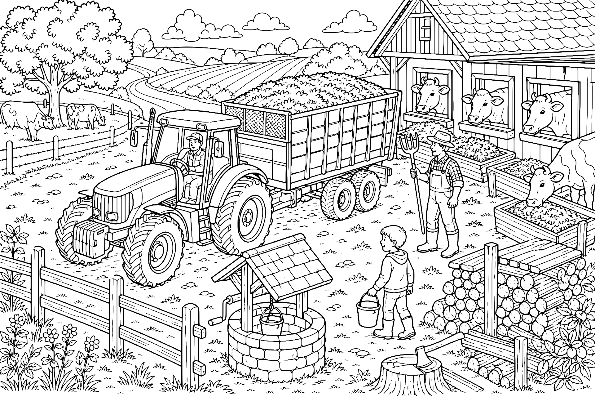 Traktor beim Futterholen für Kühe