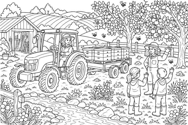 Traktor bringt Honigkästen zur Obstwiese – Ausmalbild ab 8 Jahren - Ausmalbild ab 8 Jahren