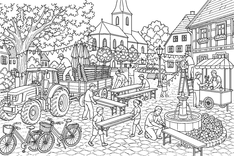 Traktor hilft beim Aufbau eines Dorffestes – Ausmalbild ab 8 Jahren - Ausmalbild ab 8 Jahren