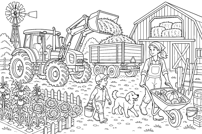 Traktor mit Frontlader am Misthaufen – Ausmalbild für Kinder ab 8 Jahren - Ausmalbild ab 8 Jahren