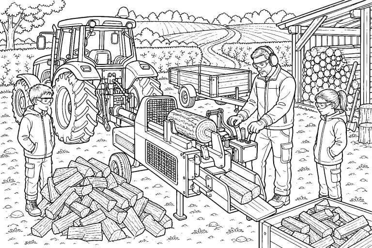 Traktor mit Sägespaltautomat auf dem Hof – Ausmalbild für Kinder ab 8 Jahren - Ausmalbild ab 8 Jahren