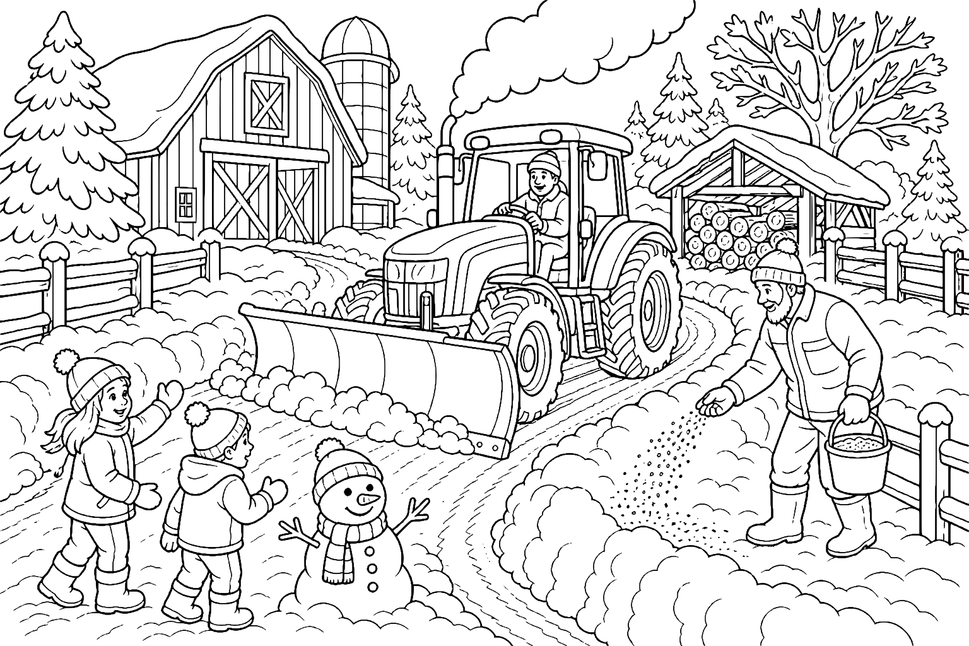 Traktor mit Schneepflug vor dem Hof
