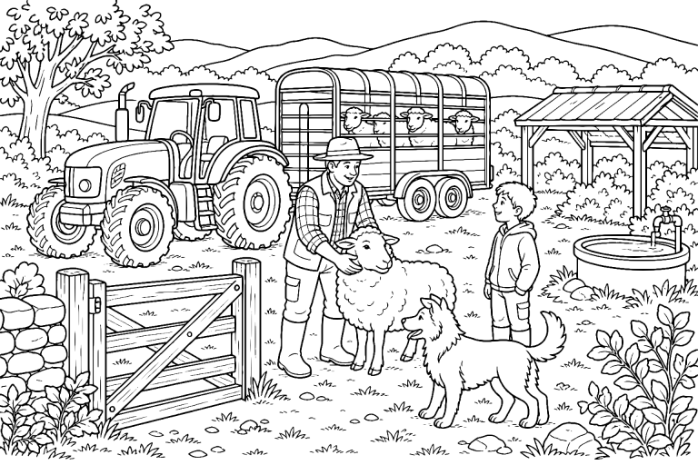 Traktor mit Tiertransportanhänger – Ausmalbild für Kinder ab 8 Jahren - Ausmalbild ab 8 Jahren
