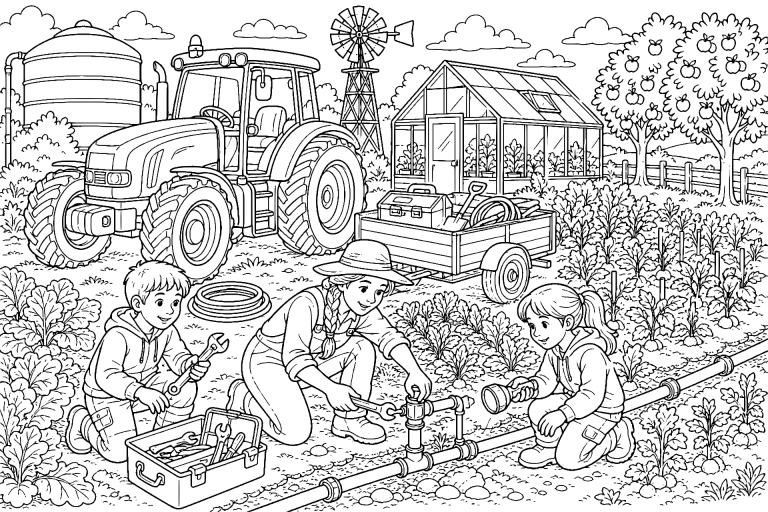 Traktor repariert eine Feldbewässerung – Ausmalbild für Kinder ab 8 Jahren - Ausmalbild ab 8 Jahren