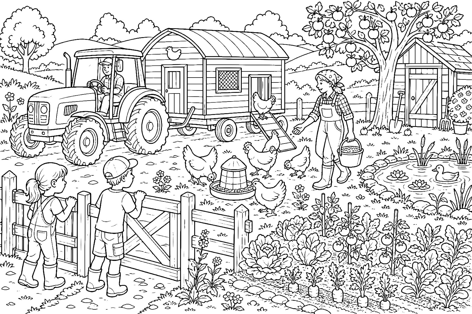 Traktor zieht einen mobilen Hühnerstall