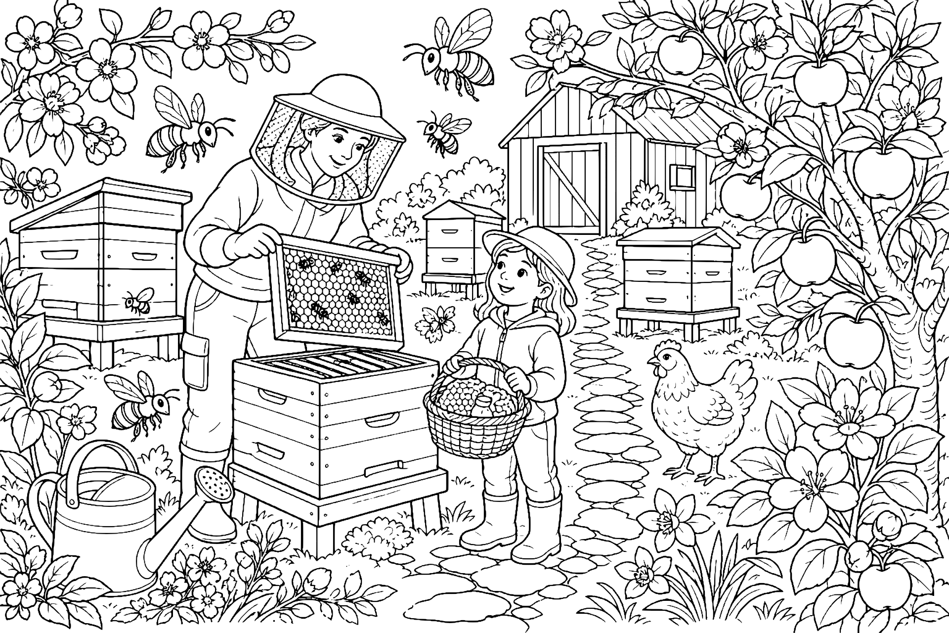Bauernhoftiere Ausmalbild ab 8 Jahre - Bienenstöcke am Obstgarten - Ausmalbild ab 8 Jahren