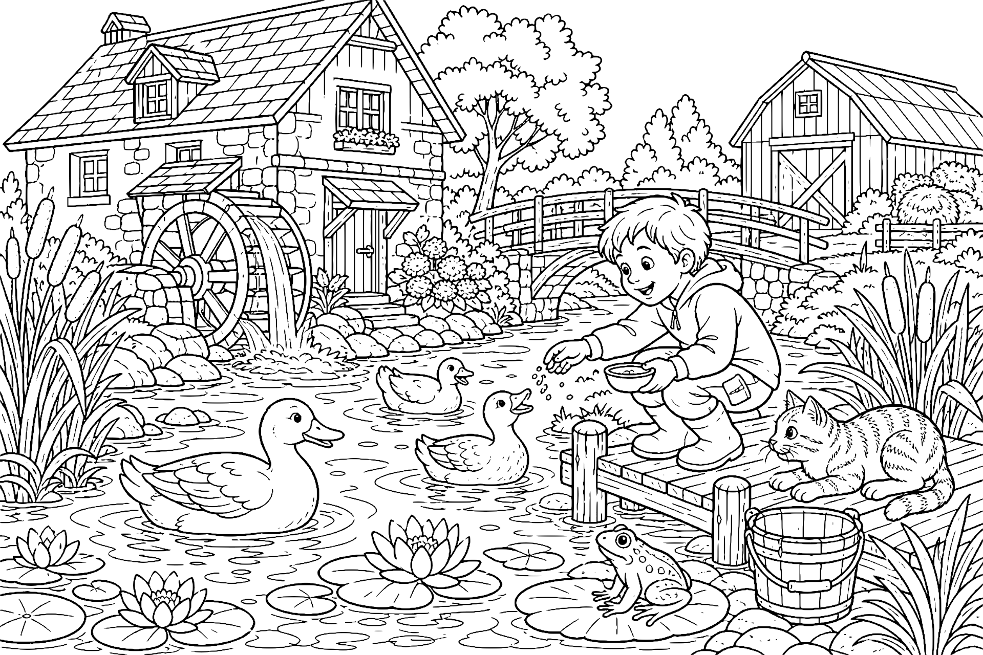 Bauernhoftiere Ausmalbild ab 8 Jahre - Enten am Mühlradbach - Ausmalbild ab 8 Jahren