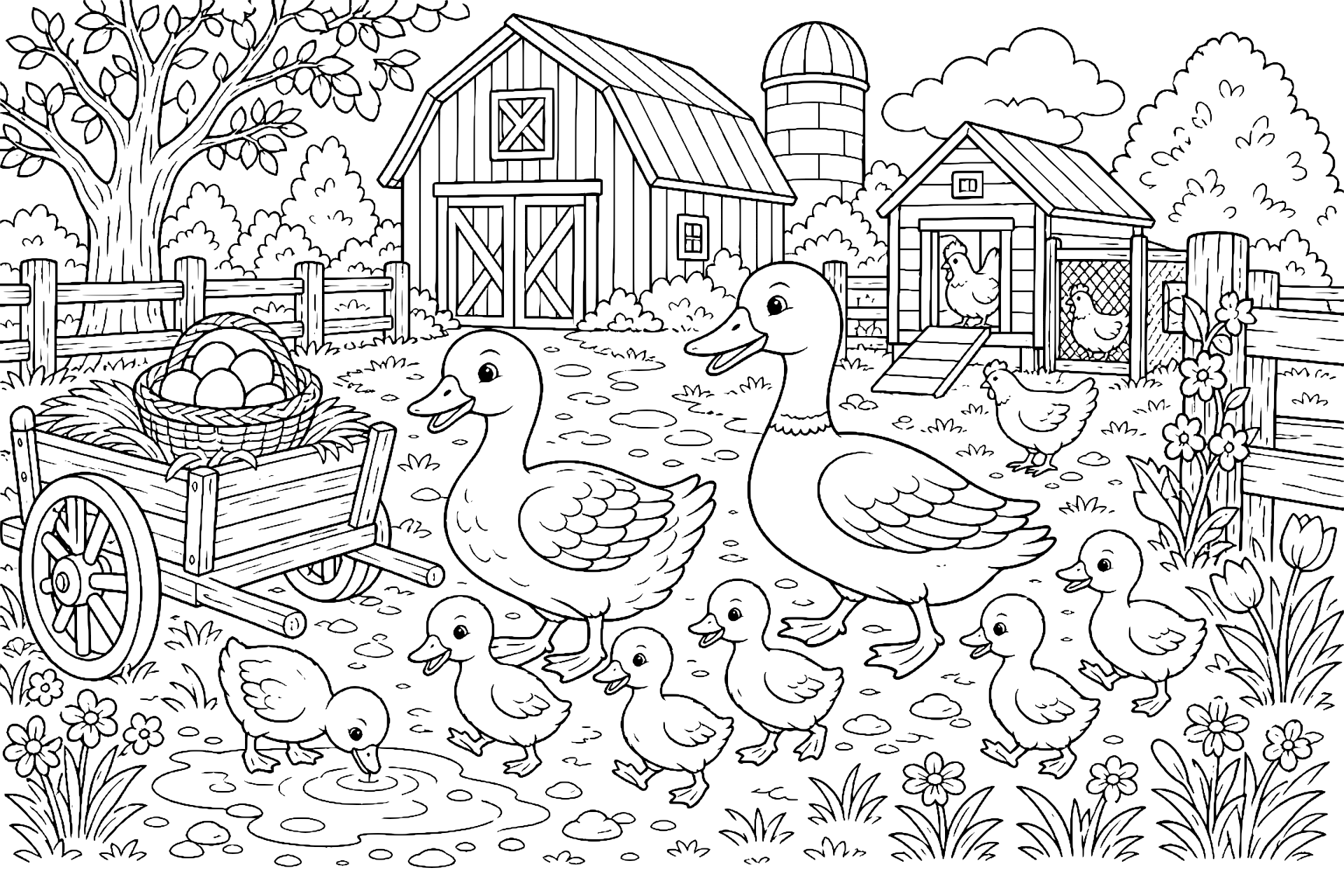 Bauernhoftiere Ausmalbild ab 8 Jahre - Enten auf dem Hofweg - Ausmalbild ab 8 Jahren